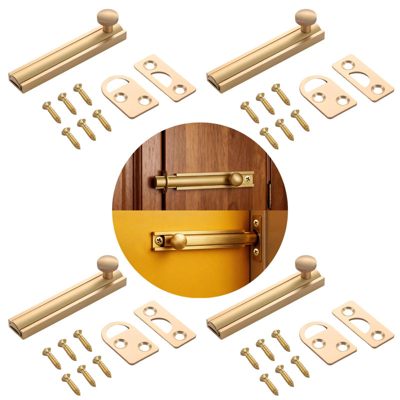4 Sets Brass Surface Bolt, 3 in Brushed Brass Slide Bolt Lock with Screws, Sliding Door Latch Bolt for Cabinet Door, Closet, Bathroom, Bedroom, Barn Door, Home Security