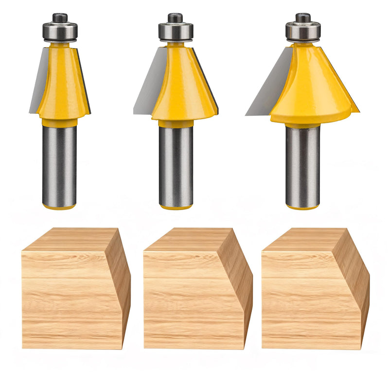 HUHAO 3Pcs Chamfer Router Bit Set 1/2 Inch Shank Bevel Router Bits 15, 22.5, 30 Degree 3pc