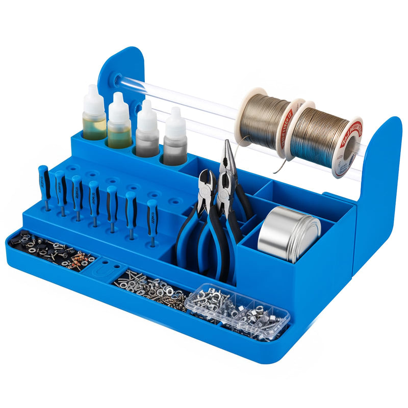 Leinuosen Solder Dispenser Soldering Tools Organizer Reel Stand Non Slip Solder Wire, Flux, Paste and Small Parts Storage Box with Anti Skid Feet(Blue) Blue