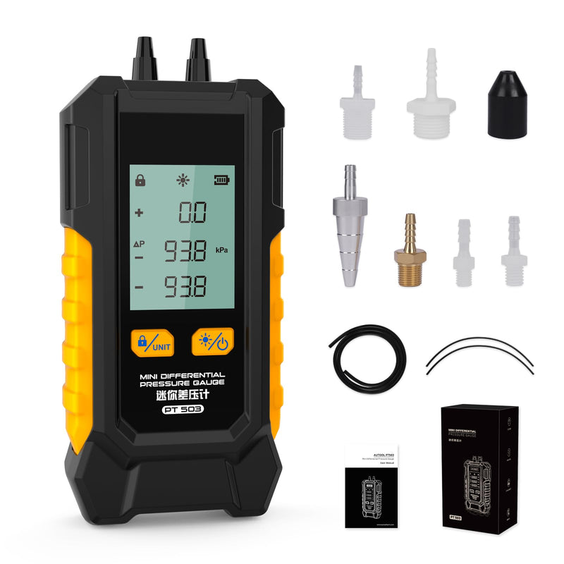 PT503 Manometer Gas Pressure Tester,Dual-Port HVAC Digital Manometer with Range of -100 to 200 KPa, 6 Units, Data Retention, 7Adapters PT503
