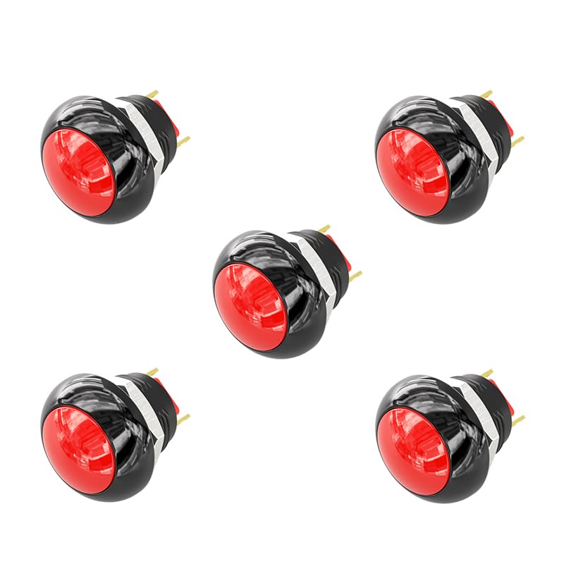 5pcs 12mm Momentary Push Button Switch Mini Round Switch IP68 Waterproof Gold-Plated Insert One Normally Open 3A 250V AC SPST NO 2 Pin PBS-33B (Red) Red