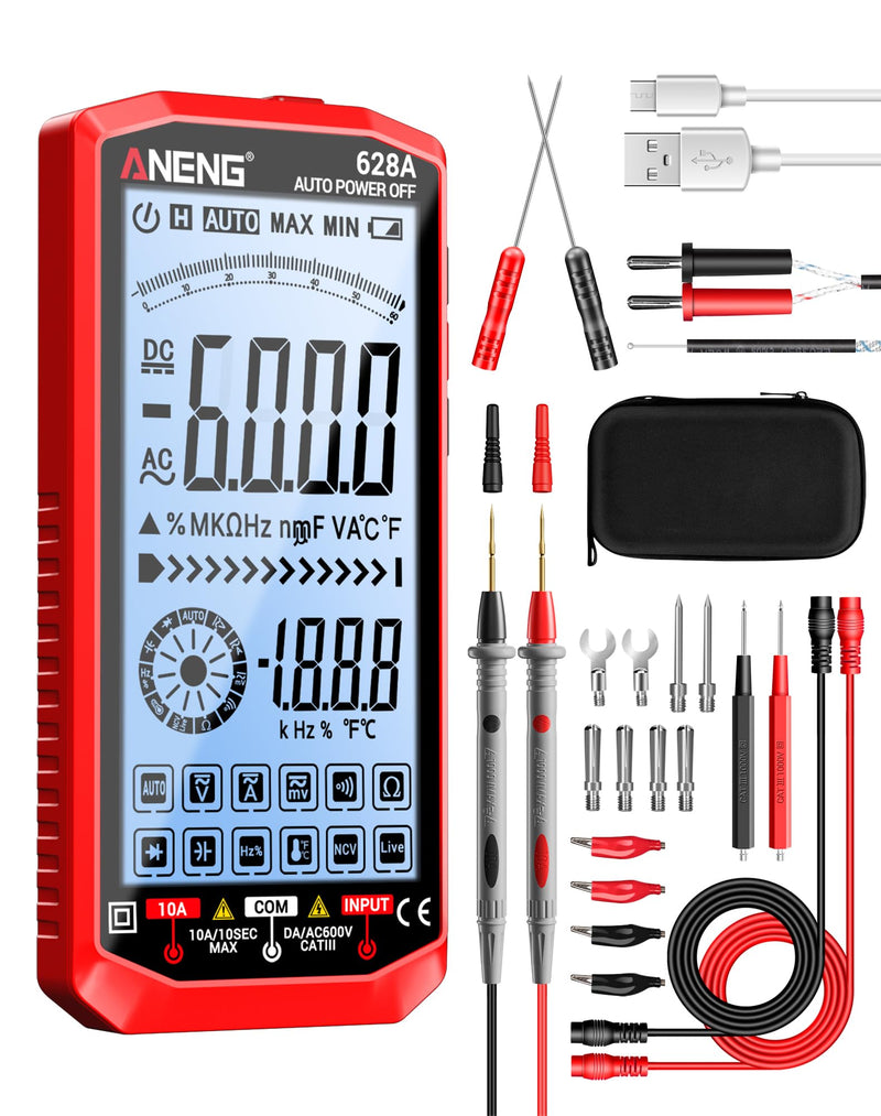 ANENG Multimeter,Digital Voltmeter Tester,TRMS 6000 Counts Rechargeable Meter Measures AC/DC Voltage,Current,Resistance,Capacitance,Temperature,Hz,NCV,Diode,Continuity Auto Ranging Electircal Tools Red