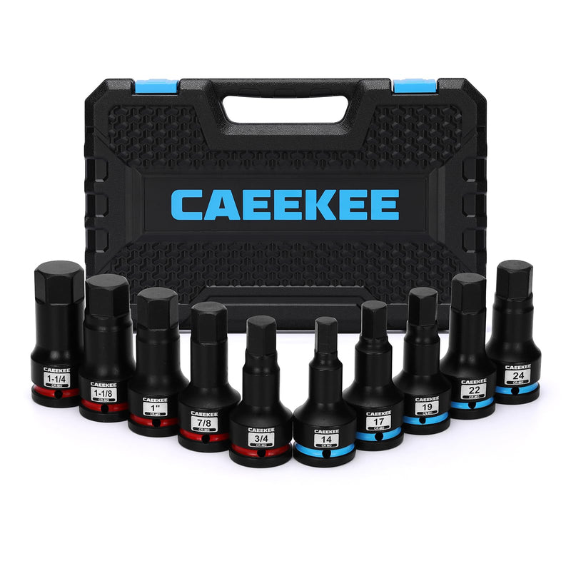 3/4" Drive Master Impact Hex Bit Socket Set, 10 Pieces Allen Bit Socket Set, Cr-Mo, SAE/Metric, 3/4" - 1-1/4", 14mm - 24mm, Heavy Duty Storage Case