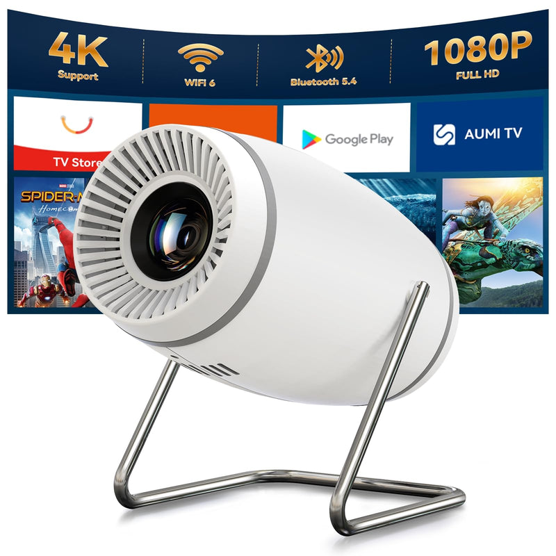 Mini Projector, Projector with WiFi and Bluetooth, 4K 1080P Support Portable Projector 180° Rotatable 130'' Screen Movie Projector Auto Keystone Compatible with HDMI/USB/TV Stick/Smartphone/Laptop White