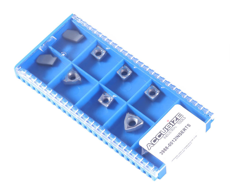 Accusize Carbide Insert Set for 1/2 in Turning Tool, 10 Pc, for Aluminum | C6 Carbide Replacement Set for 3988-0012 with GTN-2LH, 11ER A60-LH, CCGT21.51-LH, DCGT21.51-LH, WCGT2.52-AF, 3988-0012INSERTS
