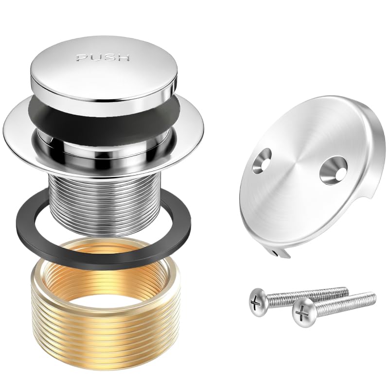 Tub Drain Tip-Toe Trim Set with Two-Hole Overflow Faceplate,Bath Tub Drains Conversion Kit with Universal Fine/Coarse Thread,Replacement Bathtub Drain Stopper Assembly(Chrome) Bathtub Drain-chrome Plated
