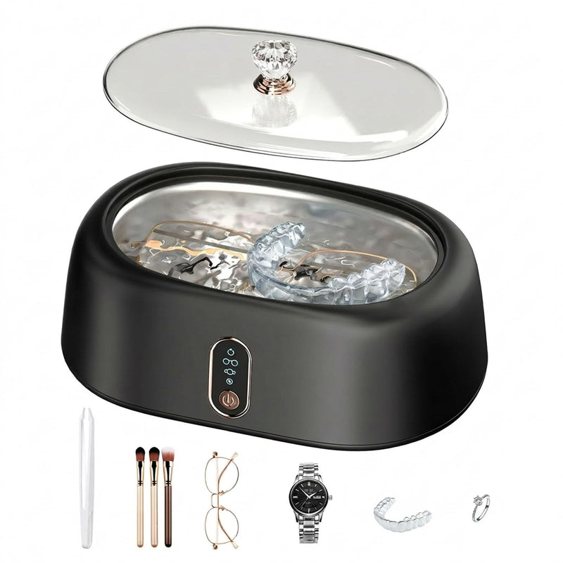 Ultrasonic Jewelry & Retainer Cleaner - 45KHz Sonic Cleaner for Eyeglasses, Rings, Watches, Invisalign, Night Guards - 500ML (17oz) SUS 304 Tank, 4 Timer Modes - Black