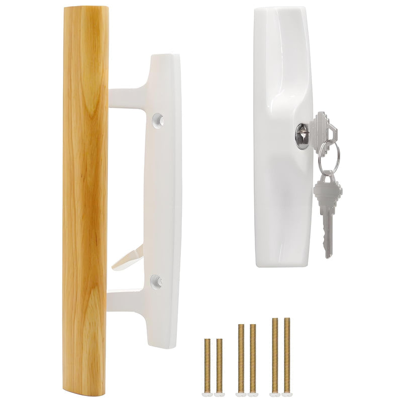 Sliding Glass Patio Door Handle Set with Key Cylinder, Fit for 45° Mortise Latch Lock Not Included, Oak Wood Inside Handles and Zinc Diecast Outside Pull, 3-15/16" Hole Spacing, White