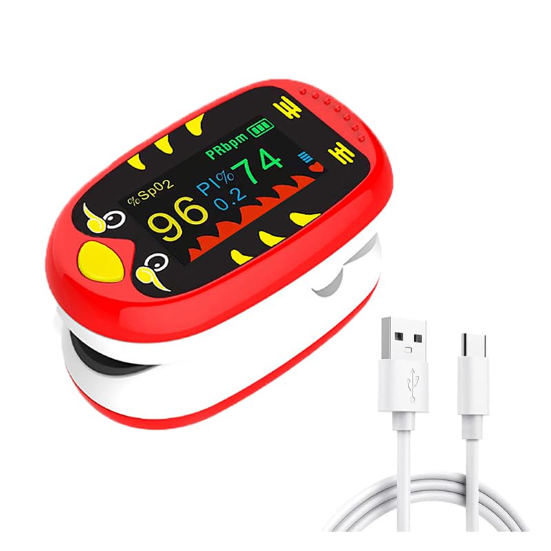 Pediatric Oximeter – Fingertip Pulse Oximeter for Kids, SpO2 Oxygen Monitor for Children, Cute Compact and Accurate, USB-C Rechargeable Mini Portable Design with TFT Display for Home and Travel-Red