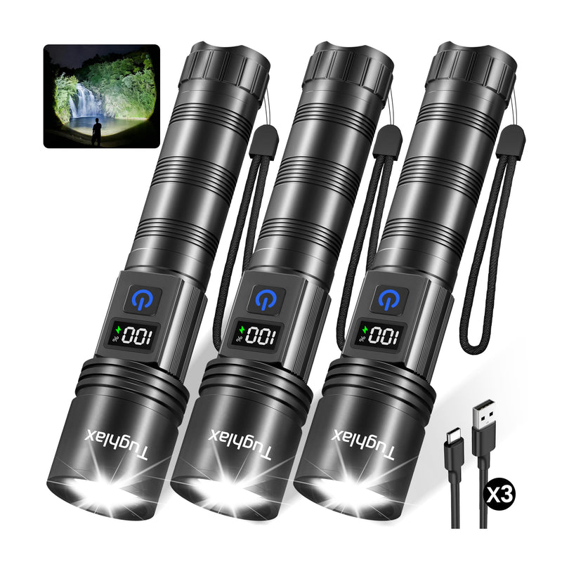 3Pack Rechargeable Flashlights High Lumens, Super Bright Flashlight with LCD Digital Display, 5 Modes Adjustable LED Flashlight Tactical Flashlights High Powered, Flash Lights for Emergency