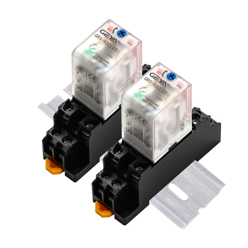 2PCS Electromagnetic Power Relay, 8-Pin DC 12V 10Amp DPDT Relay,LED Indicator, GR5-Y2CLGT with Socket Base and DIN Rail 12VDC-2pcs