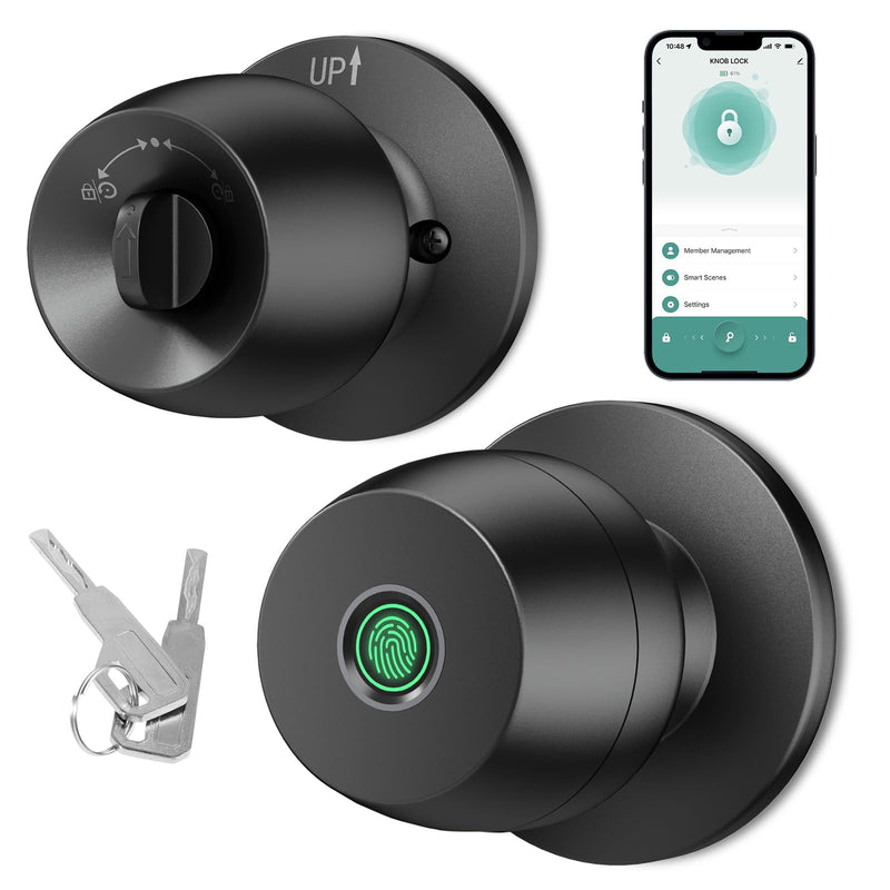 Fingerprint Door knob, Smart Door knob, Intelligent biometric Fingerprint Door Lock, keyless Entry, controllable via app, Suitable for bedrooms, Storage Rooms, Apartments, Offices, Hotels (Black) Black