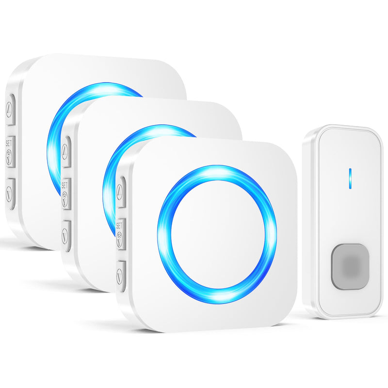SURFOU Wireless Doorbell 1300FT Range for Home/House/Office/Business/Classroom, 55 Melodies Waterproof Door Chime Kit with 5 Volume Levels & LED Flash, 1 Push Button & 3 Plug-in Receivers, White 1 Button+3 Receivers-White