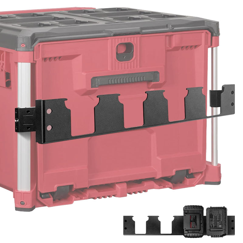 4-Slot Battery Holder Compatible with Milwaukee M18 Battery, Milwaukee Battery Holder Side Organizer with Rail Clips for Packout System, Mounted on Packout Toolbox to Secure Storage and Easy Access Black