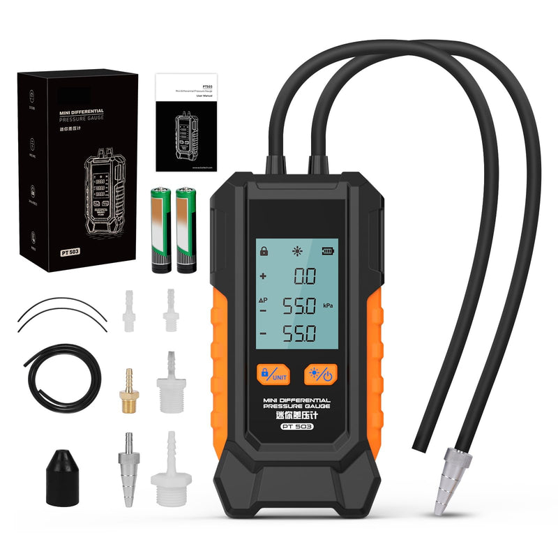 Manometer Gas Pressure Tester -101 to 200KPa Mini Dual-Port Digital Manometer HVAC with 6 Measurement Units(PSI/kPa/mbar/bar/inHg/mmHg) Manometer Lp Gas Pressure Tester Auto Calibration Monometer 2.2in×1.2in×4.9in