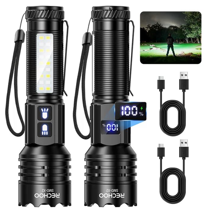 RECHOO Rechargeable Flashlights High Lumens, 7Modes Dual-Switch Flashlight Rechargeable with LCD Digital Display, Super Bright Flashlight Powerful Flash Light LED Flashlights for Home Camping Black-2Pcs