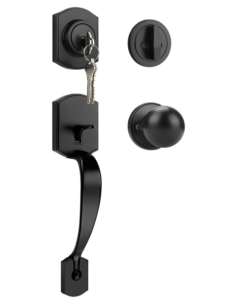 Camelot Trim Lower Half Entry Handleset and Deadbolt Set Matte Black, Upgated Entry Door Handle with Door Knob for Electronic Keypad, Black Front Door Lock Set 1 Pack Black-Deadbolt Set
