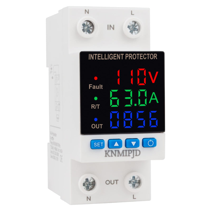 Adjustable Voltage Protector 110/230VAC 2P 63A Smart Breaker Adjustable Over Under Voltage Protection Three LED Display Voltage Current Electric Energy Intelligent Relays Reset Prote