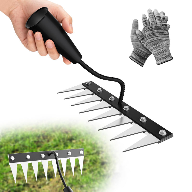 Iron Weeding Rake Without Handle (Assembled), 8 Teeth Iron Rakes for Gardening and Weedings, Heavy-Duty Carbon Steel Weed Rake or Weed Puller Tool for Yard, Lawn, Patio and Garden, Gloves Included No Long Handle - Black