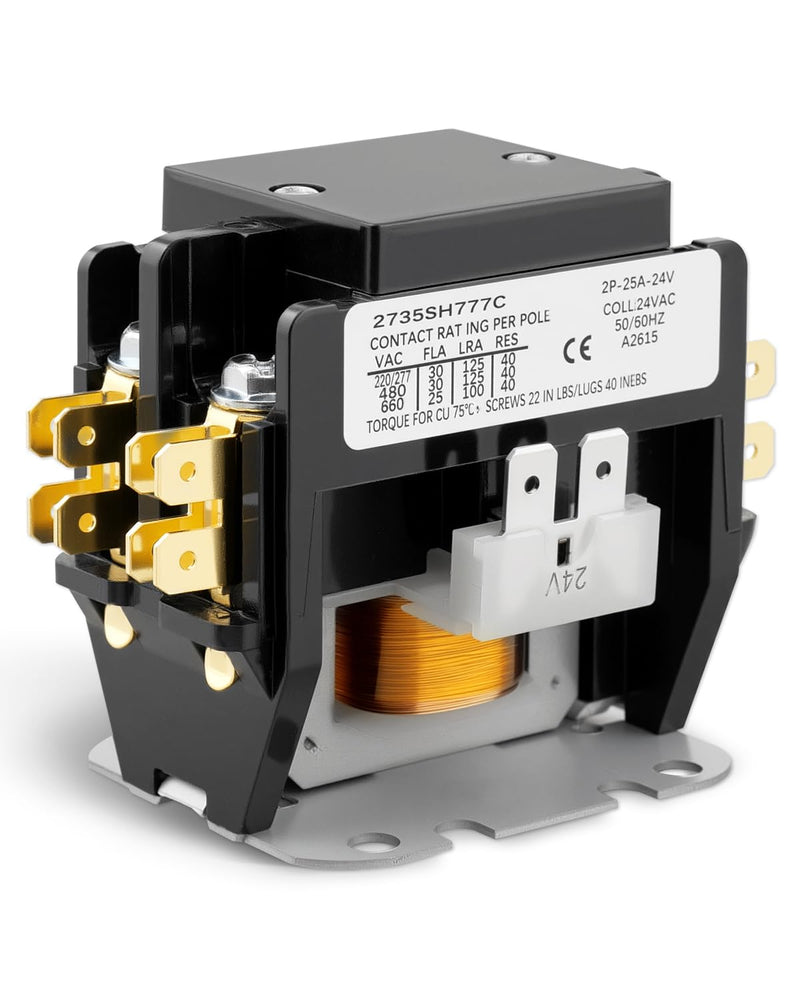 CONT2P025024VS Double Pole Contactor Fit for Goodman/Amana/Daikin/Kenmore, 24V, 25A, 2 Pole Condenser Contactor