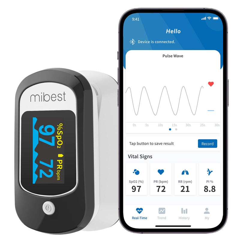 Mibest CN368R Bluetooth Pulse Oximeter - Blood Oxygen Saturation Monitor with App - SpO2, Pulse Rate, Respiration Rate, Plethysmograph and PI - Compatible with iOS & Android Smartphones - Free App