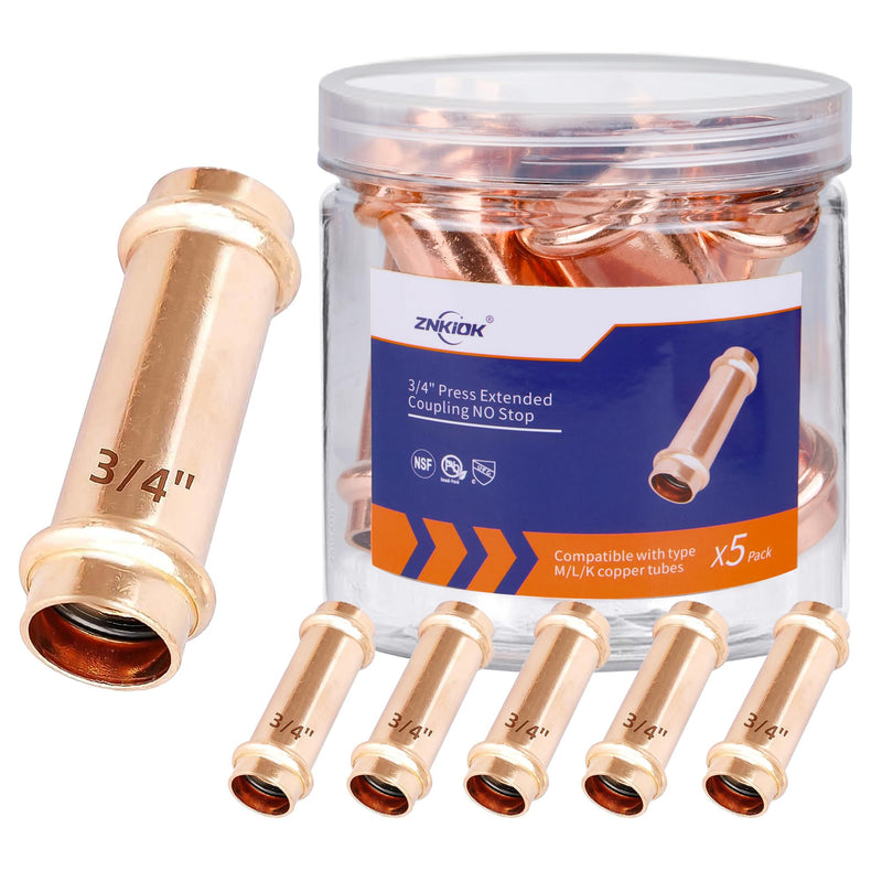 (Znkiok 5 Pack)3/4" Press Copper Fittings Zero Lead, 3/4 Inch Press Extended Coupling No Stop For Copper Tube Connection,UPC,NSF/ANSI61 Certified. 3/4"Press Extended Coupling NO Stop-5Pack