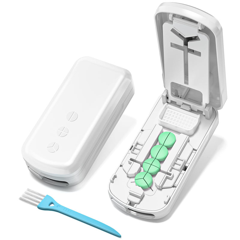 Daviky Pill Cutter Splitter for Small & Tiny Pills, Dual Safety Blades, Adjustable Centering Slot, Precise 1/2 1/3 1/4 Tablet Cutter, Built-in Storage, Portable & Senior-Friendly White