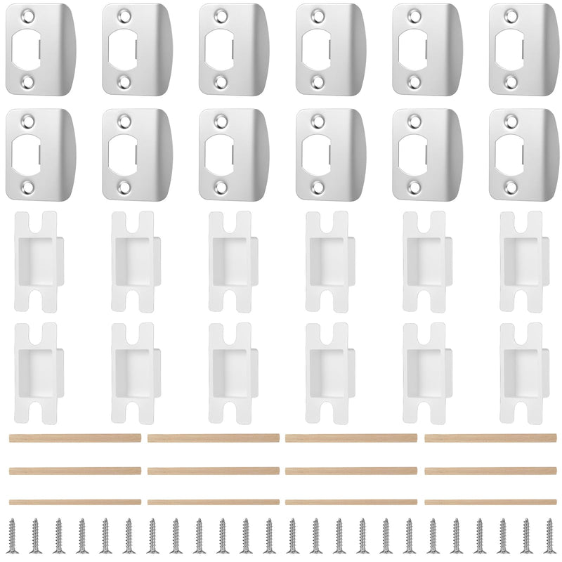 12 Pack Door Strike Plate Repair Kit - Stainless Steel Door Latch Restorer & Reinforcement Plate with Dust Box, Screws & Wood Dowels for Home, Office Doors Frame Fix (Silver)