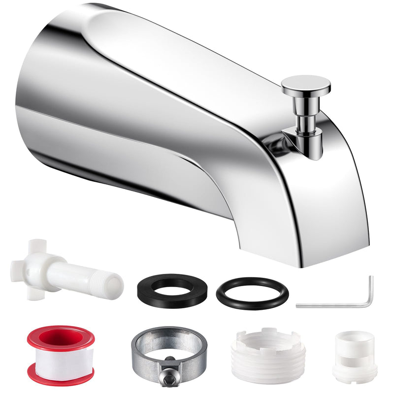 Universal Bathtub Tub Spout with Diverter, Fits 1/2" Slip-Fit Copper Pipe and 1/2" IPS & 3/4" IPS Thread Connections, Bathroom Tub Faucet Replacement with Adapters, PTFE Tape and Hex Wrench (Chrome) Chrome