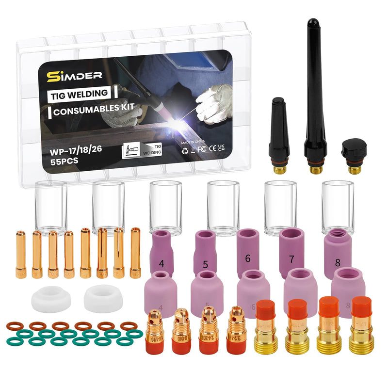 SSimder 55Pcs TIG Welding Torch Accessories Alumina Nozzle Collets Body Stubby Gas Lens #10 Glass Cup For WP-17/18/26