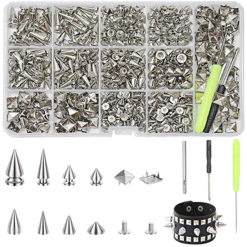 XKCWXY 600 Sets Punk Studs and Spikes Kit，8 Size Cone Spikes and Square Pyrami Studs for Clothing,Metal Tree Spikes Studs for Leathercraft and Punk Style Clothing Accessories DIY Craft Decoration