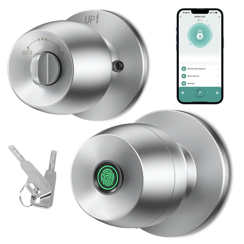 Fingerprint door knob, smart door knob, intelligent biometric fingerprint door lock, keyless entry, controllable via app, suitable for bedrooms, storage rooms, apartments, offices, hotels (silver) Silver