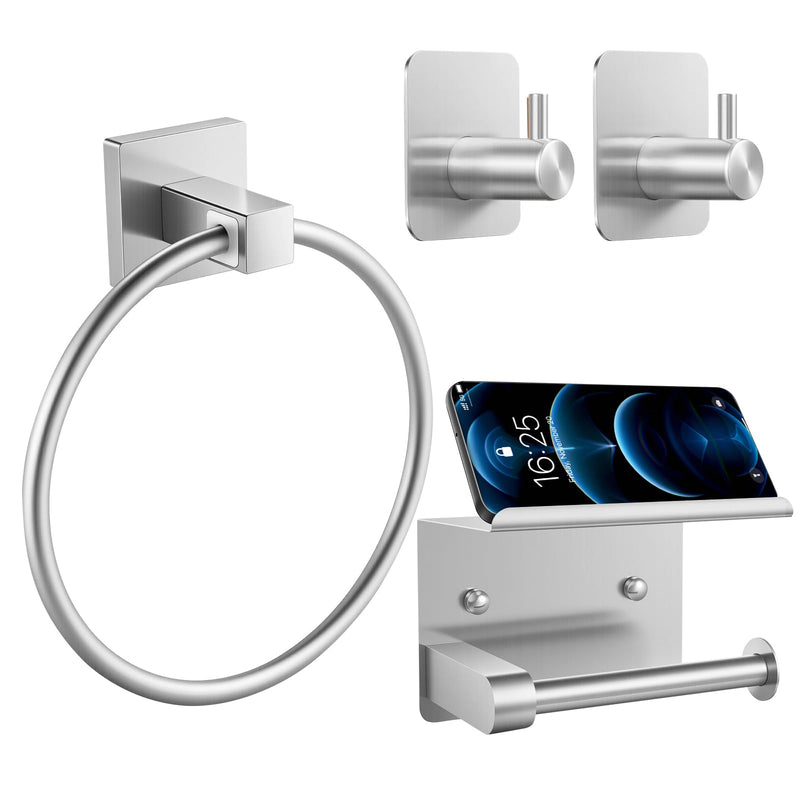 4 Piece Silver Bathroom Hardware Set, Stainless Steel Wall Mounted Towel Hooks, Ring & Oversized Toilet Paper Holder with Shelf, Modern Home Accessories for Bathroom, Washroom, Kitchens and RVs