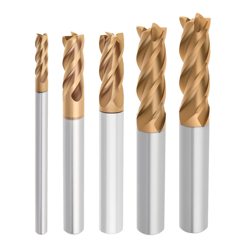 5 Pcs Tungsten Carbide End Mills Set - 1/8" 3/16" 1/4" 5/16" 3/8", 4 Flutes CNC Milling Cutters for Hardened Steel, Alloy Steel, Cast Iron (AlTiN TiSiN Coated) 3-5-6-8-10mm 5Pcs