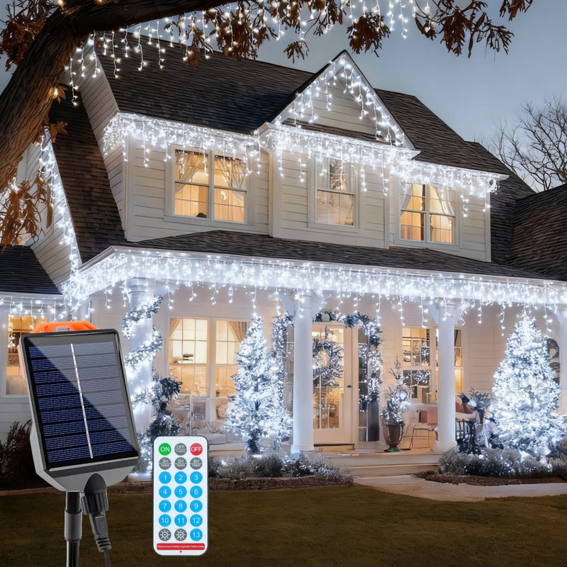 Solar Christmas Lights Outdoor 640LED 16Ft+60Ft, Solar Icicle Lights Waterproof with 13 Modes Rechargeable for Outside Roof Fence Christmas Decorations (Cool White) Cool White