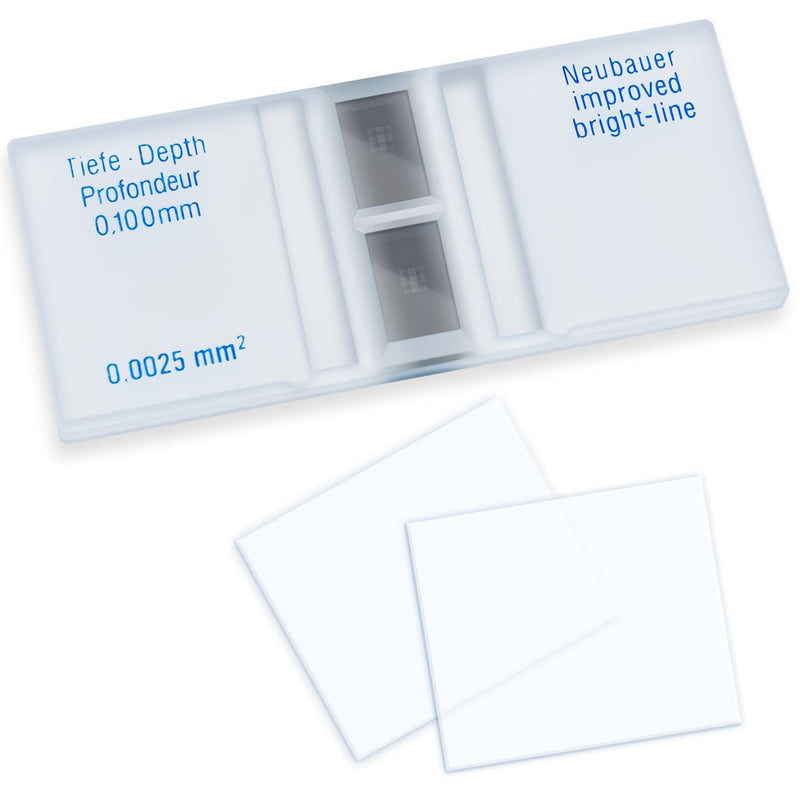 Cell Counting Chamber, Improved Neubauer Hemocytometer - Chrome-Plated Counting Grid with 0.1mm Depth, 2 Reusable Cover Glasses for Cell/Pollen Counting (Lab & Medical Use, 32x75mm)