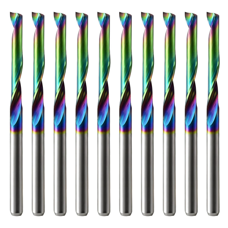 O Flute CNC Router Bits with DLC Coating, 1/8 Inch Shank Single Flute Spiral End Mill, Solid Carbide Up-Cut Milling Cutters for Aluminium, Acrylic, PVC, Plastic, Wood and MDF (Pack of 10)