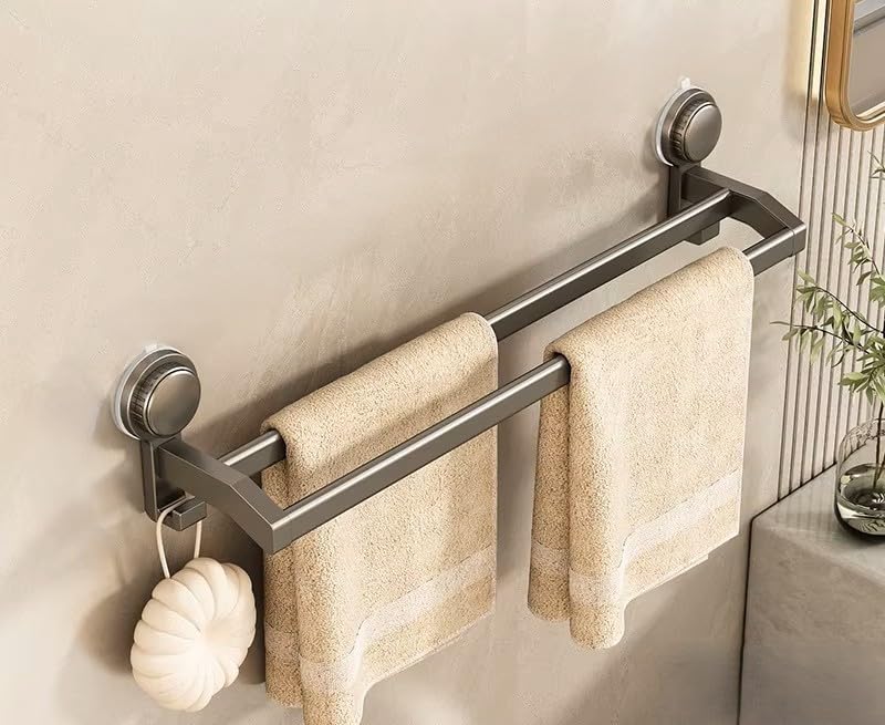 Suction Cup (Twist) Double Rod 24" Towel Bar with Hooks, Bathroom, Kitchen, Glass, Tile. Reusable, ABS+Aluminium, Rustproof, No Drill, No Tools. Hang Towel, Loofah, Sponge (24in/60cm, Gray) Double Rod - 24 in / 60 cm