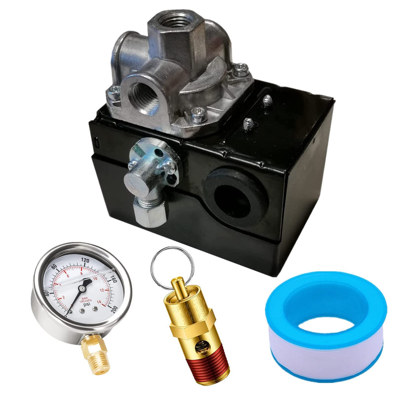 56288020 Pressure Switch for Ingersoll Rand 175/140 PSI - 4 Port 56288020-01 with 200 Psi Pressure Gauge