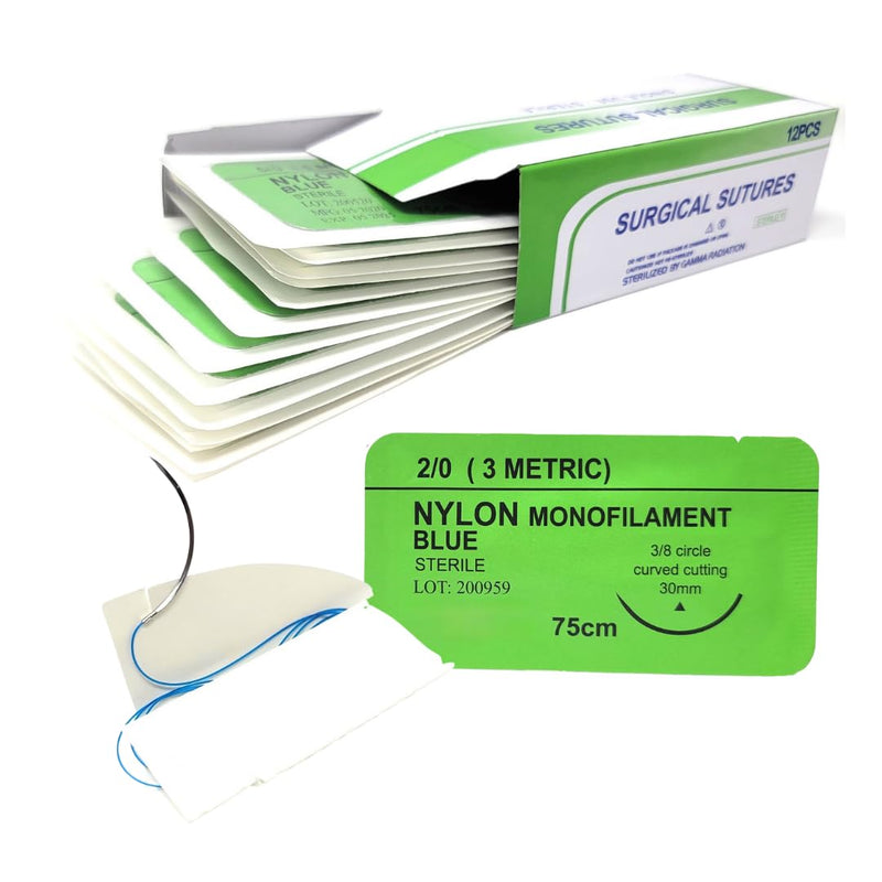 IMEDS Training Sutures 2/0 Nylon, Box of 12 Pcs Suture Thread with Needle, Demo Teaching Set