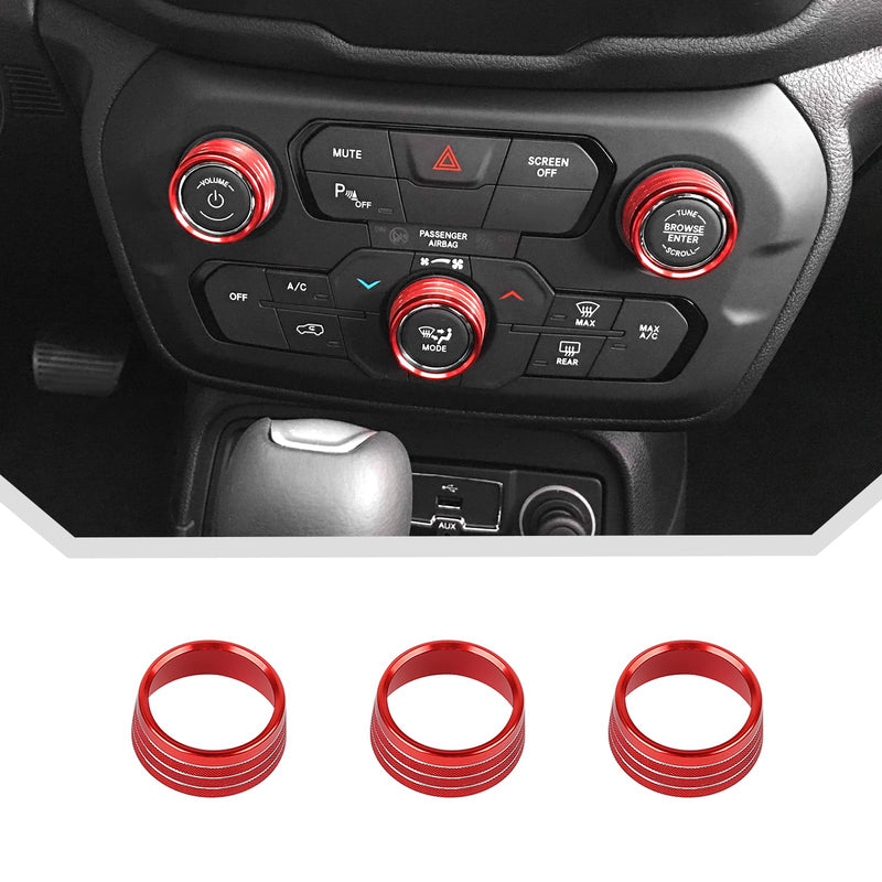 JeCar Red Aluminum AC Radio Knob Cover Fit for 2018-2022 Jeep Renegade Interior Accessories | Air Conditioner Audio Volume Switch Knob Trim for 2018+ Renegade