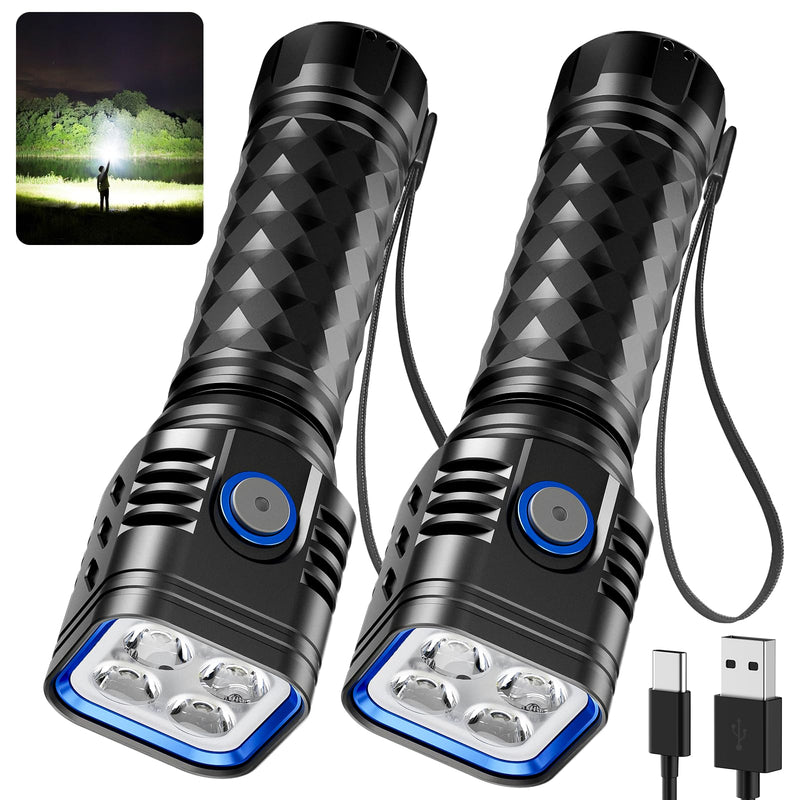 2 Pack Rechargeable Flashlights High Lumens, 2000mAh Battery Powered Super Bright LED Flashlight, USB C Handheld Metal Pocket Flashlight Small EDC Tactical Flash Light for Home Camping Fishing Hiking 2