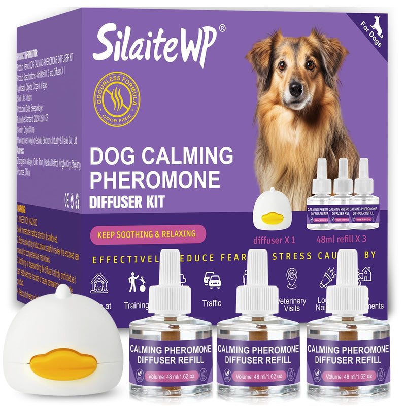 Calming Pheromone Diffuser for Dogs, 1 Diffuser 3 Refills, Relieves Separation Anxiety, Stress, Barking, and Chewing Calming Relaxation