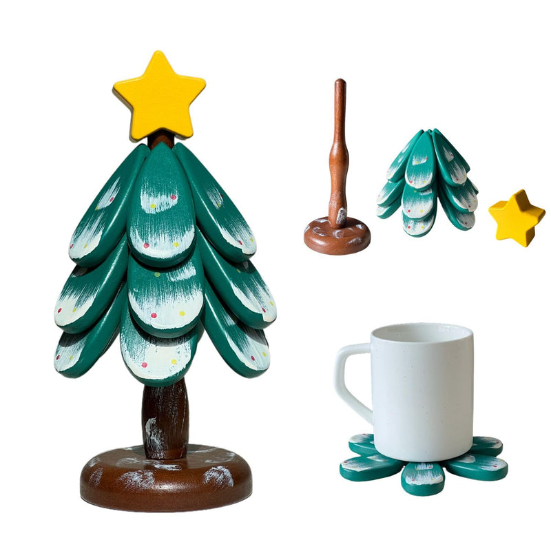 Christmas Tree Shaped Coasters and Trivet Set, 3-Piece Folding Wooden Mat for Drinks,Plates,Pots,Automatic Unfolding Design Table Protection Coasters Practical Gift Idea for Christmas
