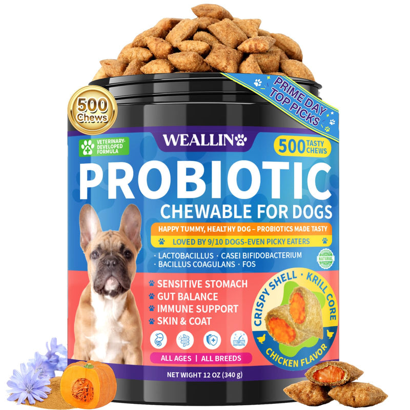 Dog Probiotics Chews 500 Chews, Sensitive Stomach Support Crunchy Shell with Krill Core, Triple Probiotics & Prebiotics, Digestion, Immunity & Skin Care, Chicken Flavor, for All Breeds & Sizes Dogs
