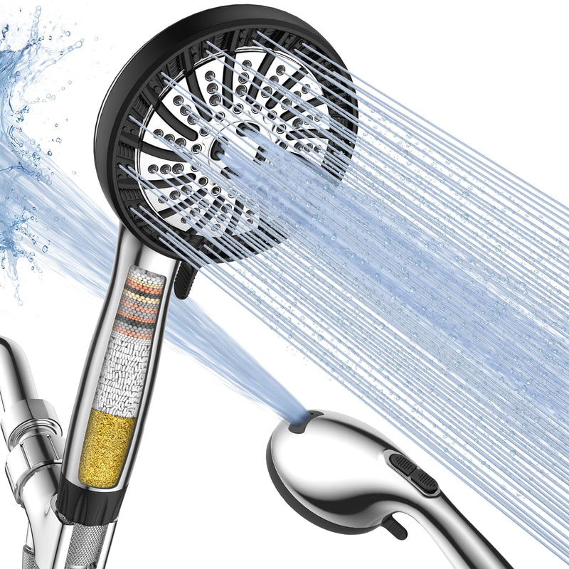 NSF Certified Shower Head with Filters, High Pressure Filtered Shower Head with Handheld 8 Mode, Water Softener Anti-clog Nozzles, Built-in Power Wash, Stainless Steel Hose,Overhead Brackets Chrome