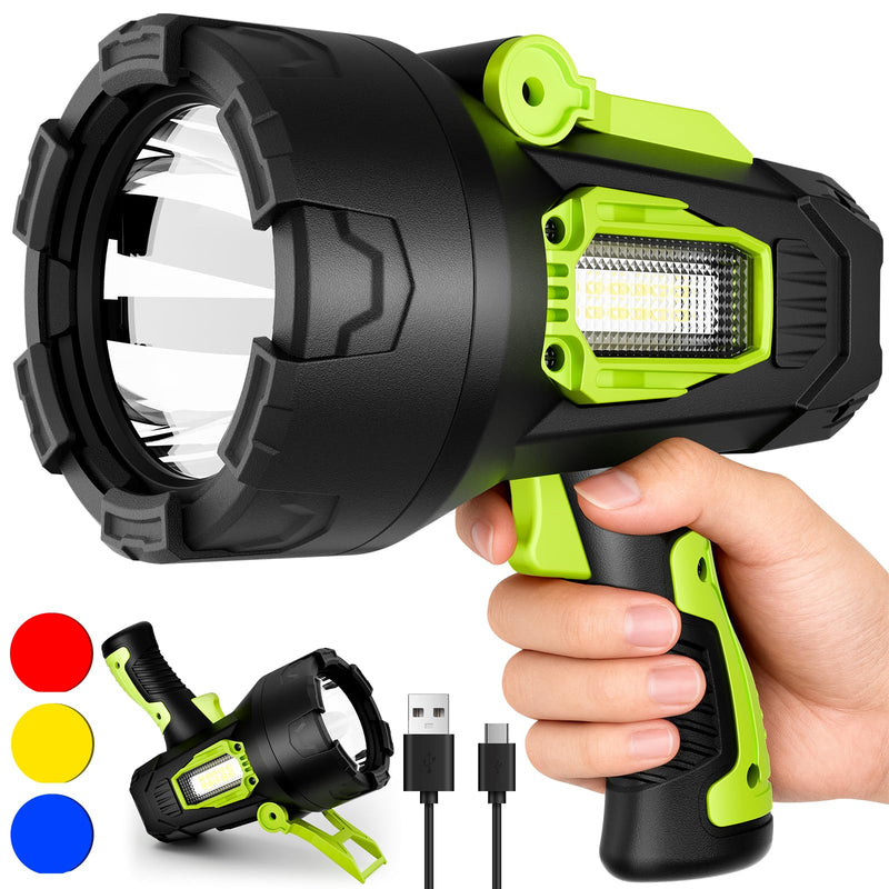 Rechargeable Spotlight，99,000 Lumens Super Bright LED SpotLights Flashlight, 10000ɱAh Spot Lights Long Runtime Waterproof ，Spot Light Outdoor Handheld with Cob Light & Foldable Tripod for Camping Green