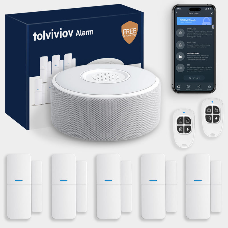 tolviviov WiFi Smart Door/Window Alarm System 8-Piece Kit – App Alerts, Compatible with Alexa, No Monthly Fee, Expandable DIY Wireless Home Security, 1 Siren, 5 Sensors & 2 Remotes (8 Pack) W2
