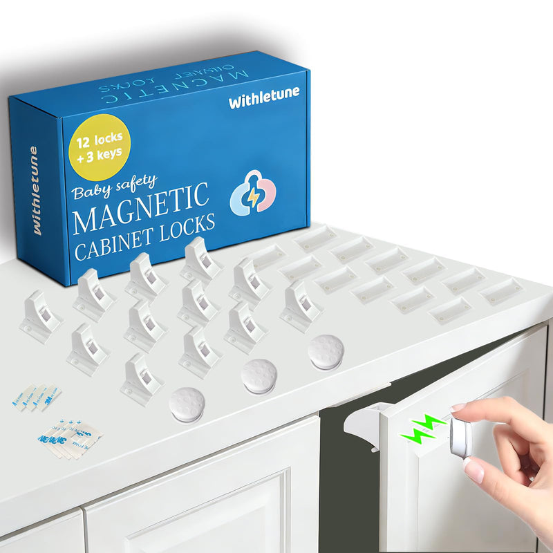 (12 Locks + 3 Keys) Withletune Child Safety Magnetic Cabinet Locks - Child Safety Drawer Lock, Suitable for Kitchens, cabinets, and Storage cabinets - no Drilling Required, Adhesive Installation. 12