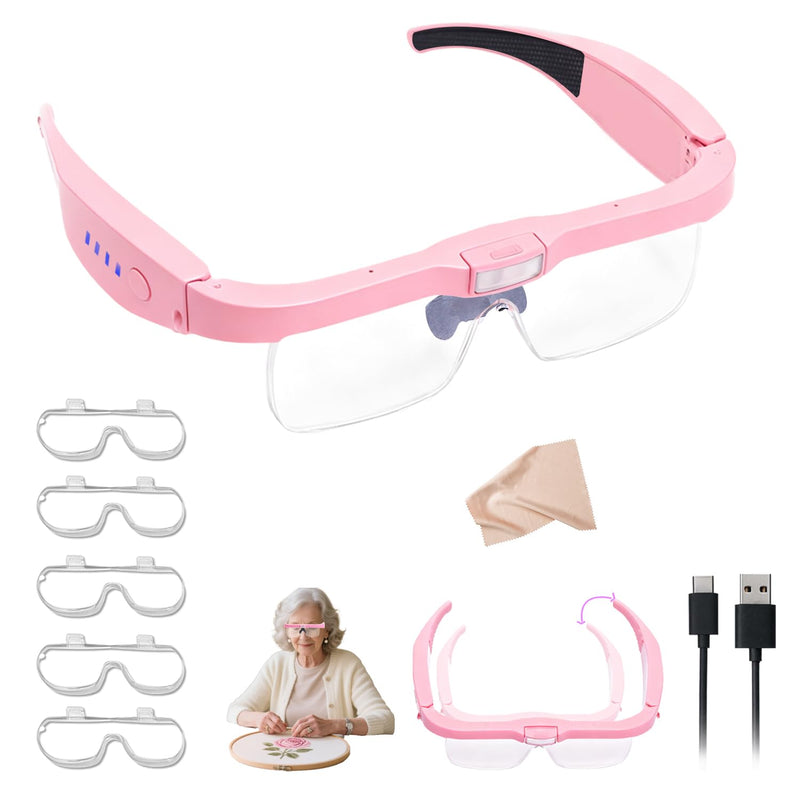 Professional Magnifying Glasses Headset with 5 Detachable Lenses 0.75X-4.0X & 3 LED Lights, Rechargeable Hands-Free Headband Magnifier for Close Work, Jewelry Crafts Hobby (Pink) Pink